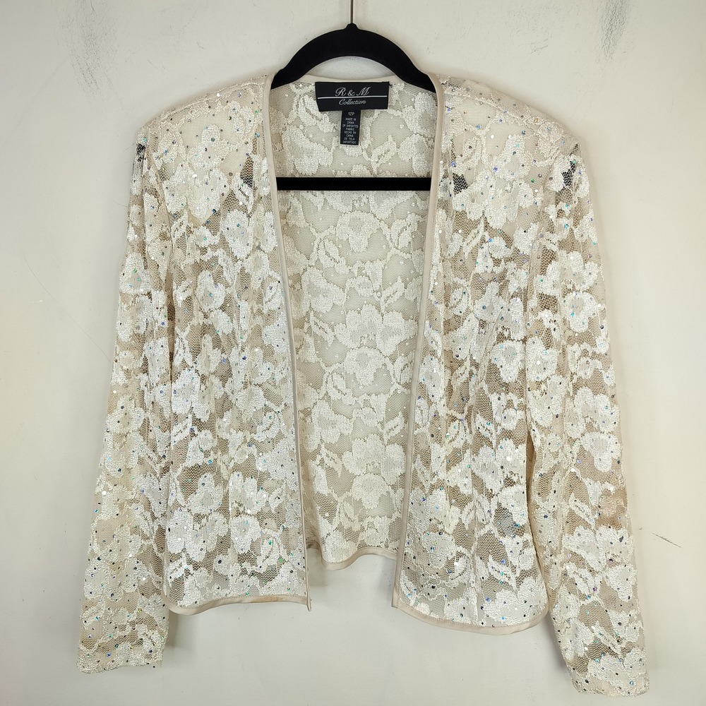 R & M Collection Floral Lace Shrug Jacket Women 12P Sequins Formal Wedding Cream